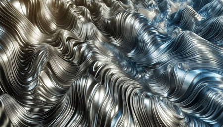 Abstract 3d rendering of wavy metallic surface. Futuristic background with wavy liquid.