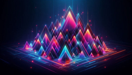 Futuristic abstract background with neon glowing triangles. Vector illustration.