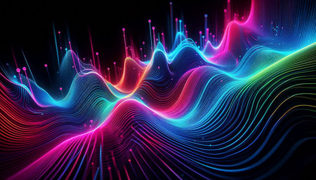 Abstract 3d illustration of wavy surface with glowing particles. Technology background.