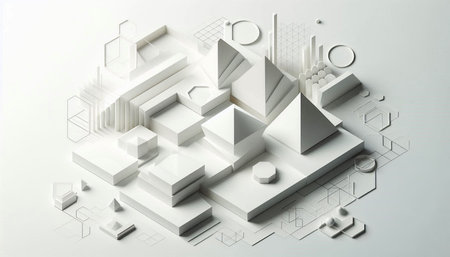 Abstract 3d rendering of geometric shapes in white background. Digital illustration.