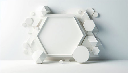 Abstract white background with geometric shapes and hexagons. 3d rendering