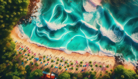 Aerial view of a tropical beach with palm trees and ocean waves