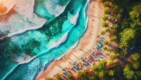 Aerial view of beautiful tropical beach and sea with coconut palm tree for travel and vacation