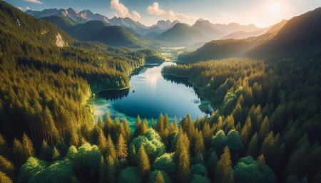 Beautiful mountain lake in the forest. Aerial view. Landscape photography