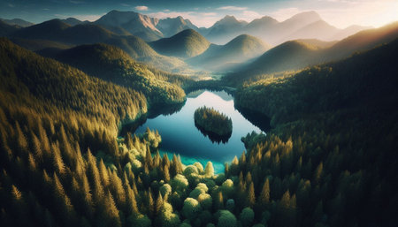 Mountain lake in the middle of the forest. 3d render