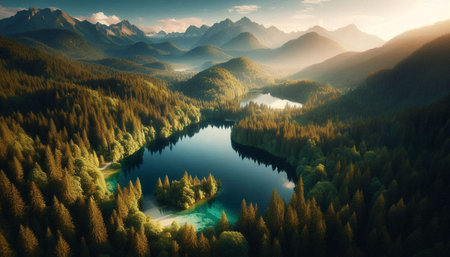 Aerial view of beautiful alpine lake in the mountains at sunset