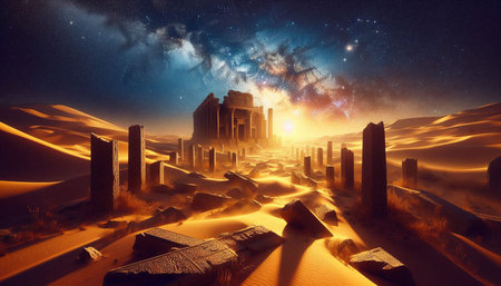 Ruins of ancient temple in desert at night. 3D rendering