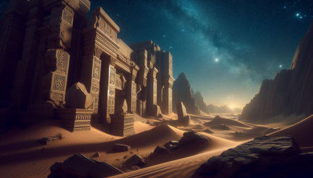 Egyptian desert at night, 3d rendering. Computer digital drawing.