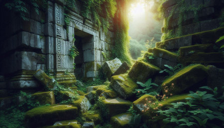 Ruins of ancient temple in the jungle with sunlight in the morning.