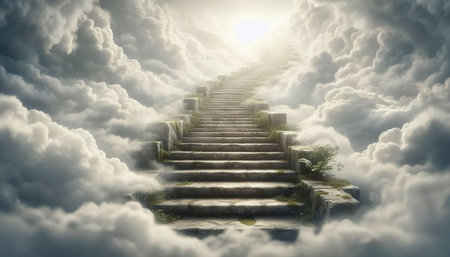 Stairway to heaven with clouds and sun. 3D rendering