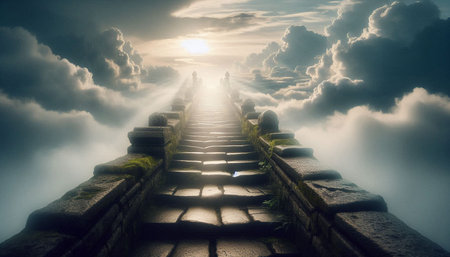 Mystical stairs to heaven in the morning. 3d rendering