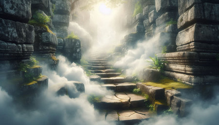 Stairway leading to the misty temple. 3d rendering