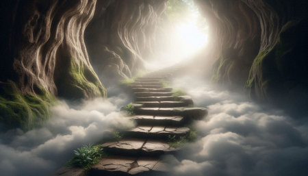 Staircase leading to the cave in the mist. 3d rendering