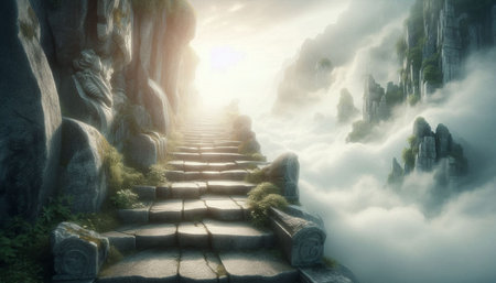 Stone stairs in the misty mountains. 3d render illustration.