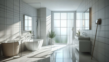 3d render of modern bathroom with white tiled walls and floor