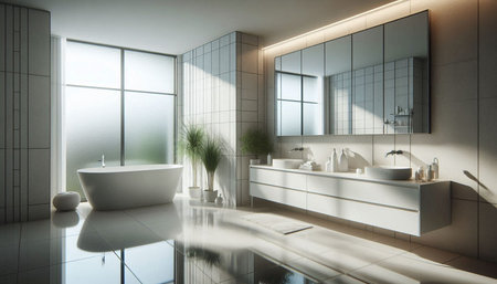 3d Illustration of white modern bathroom with a beautiful panoramic window