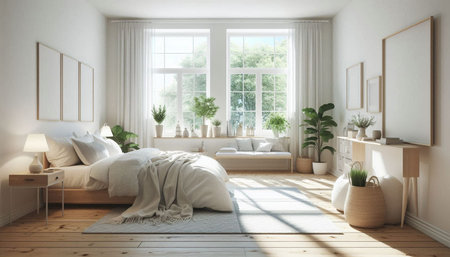 3d render interior of modern bedroom with a large window and plants