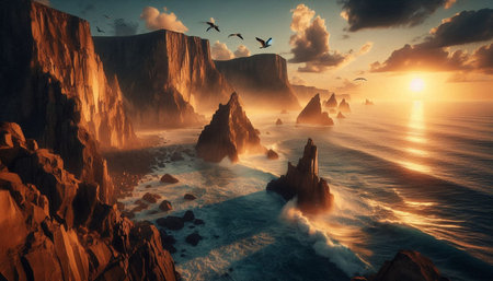 Fantasy landscape with rocks and ocean. 3d render illustration.の写真素材