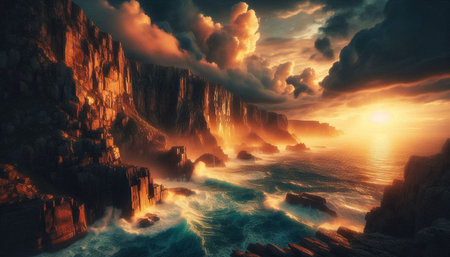Fantasy alien planet. Mountain and sea. 3D illustration.
