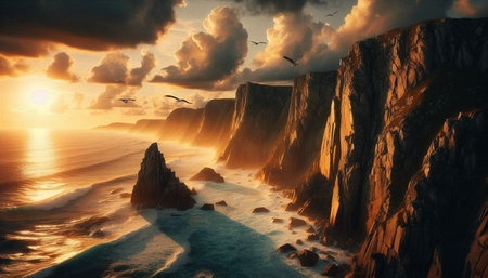 Beautiful seascape at sunset. 3d render illustration.
