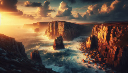 Fantasy landscape with cliffs and sea at sunset. 3d rendering