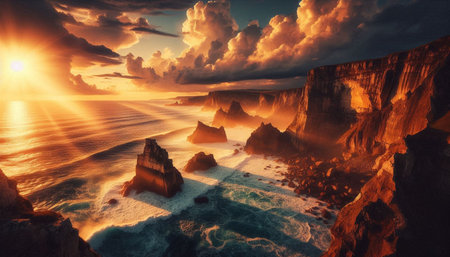 Fantasy landscape with sea and cliffs at sunset. 3D illustration