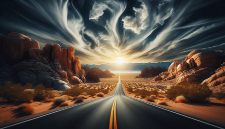 Road through the desert at sunset, USA. 3D Rendering