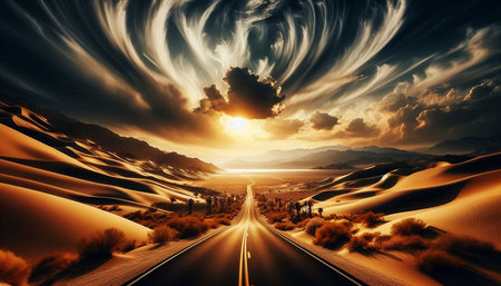 Highway through the desert at sunset. 3D Rendering.