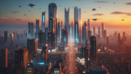 3d illustration of skyscrapers in the city at sunset.の写真素材