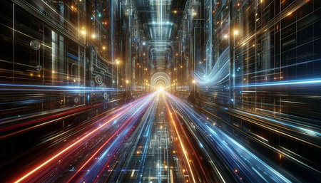 3d illustration of futuristic corridor with glowing lights and fast moving cars