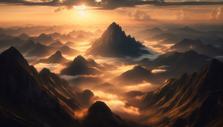 Fantasy alien planet. Mountain in the clouds. 3D illustration