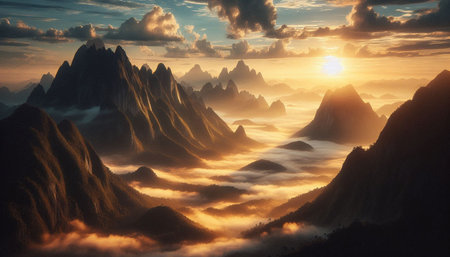 Fantasy landscape with mountains and fog. 3d render illustration.