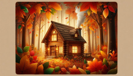 Wooden house in the forest with autumn leaves. 3d illustration