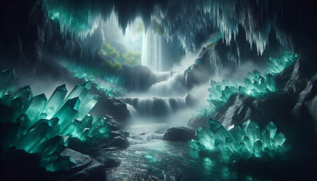 Fantasy landscape with waterfall and ice cave. 3d illustration.
