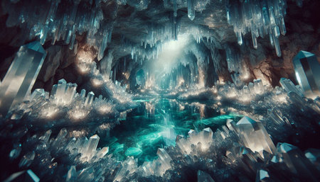 Fantasy Ice Cave. 3D surreal illustration. Sacred geometry. Mysterious psychedelic relaxation pattern. 3D rendering.の写真素材