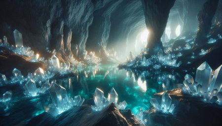 Ice cave. 3D illustration. Fantasy landscape with blue icicles.