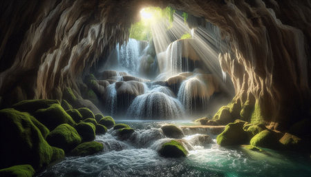Beautiful waterfall in the cave. 3d rendering. Computer digital drawing.の写真素材