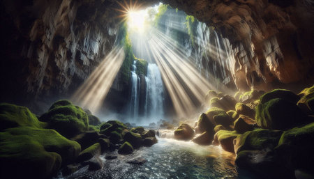 Beautiful waterfall in the cave. 3d rendering. Computer digital drawing.