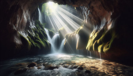 Fantasy landscape with waterfall in cave. 3d render illustration.