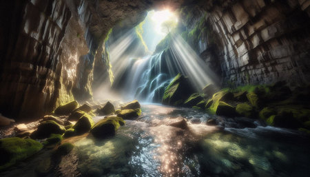 Fantasy waterfall in a cave with light rays. 3d rendering