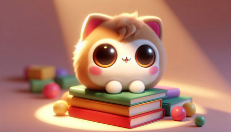 Cute cat sitting on a stack of books and playing with colorful ballsの写真素材