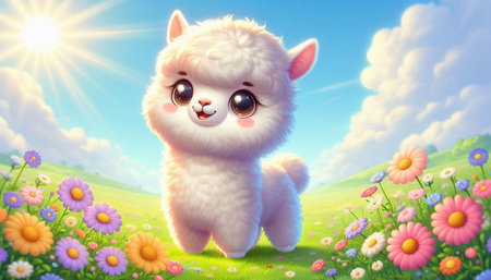Cute alpaca in the meadow with flowers. 3d renderingの写真素材