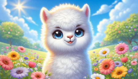 Cute white alpaca with blue eyes in a meadow with flowersの写真素材