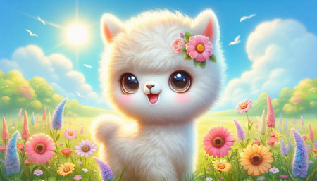 Cute kawaii alpaca with flower wreath in meadowの写真素材