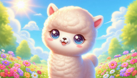 Cute cartoon alpaca with blue eyes in a meadowの写真素材