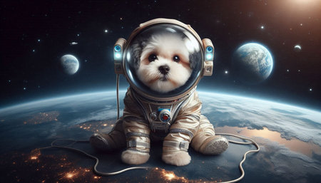 Cute little Maltese puppy wearing astronaut costume while sitting on the planet.の写真素材