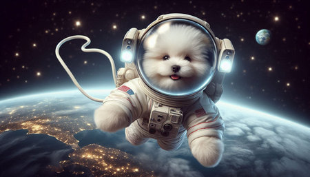 Spaceman with white dog in space. Mixed media. Mixed mediaの写真素材