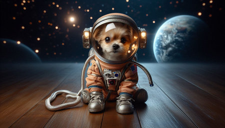 Cute chihuahua dog in astronaut suit sitting on wooden floorの写真素材
