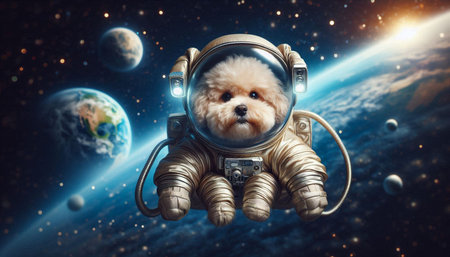 Pomeranian dog astronaut in space. Mixed media. Mixed mediaの写真素材