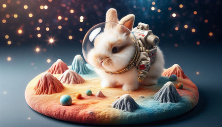 Cute little rabbit astronaut in space helmet on a planet with stars.の写真素材